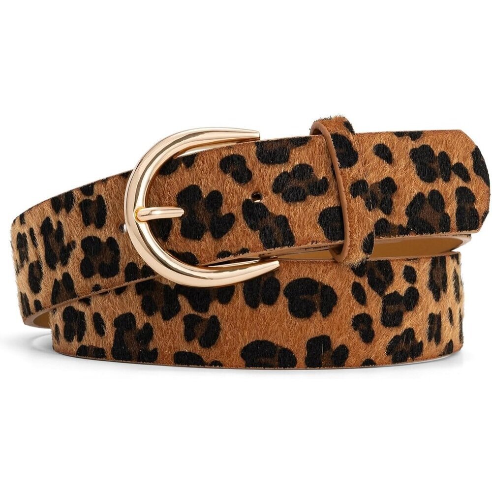 Women's Gold-leopard Print Pu Leather Belts For Jeans Dresses With Alloy Buckle
